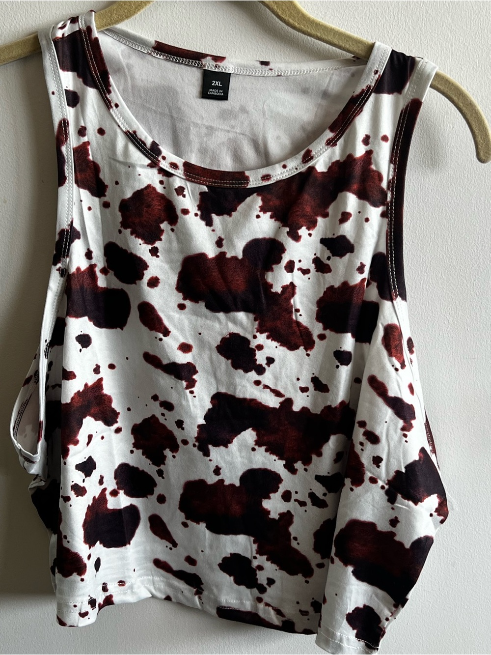 Women's White Tank Top with Brown & Black Cow-Print